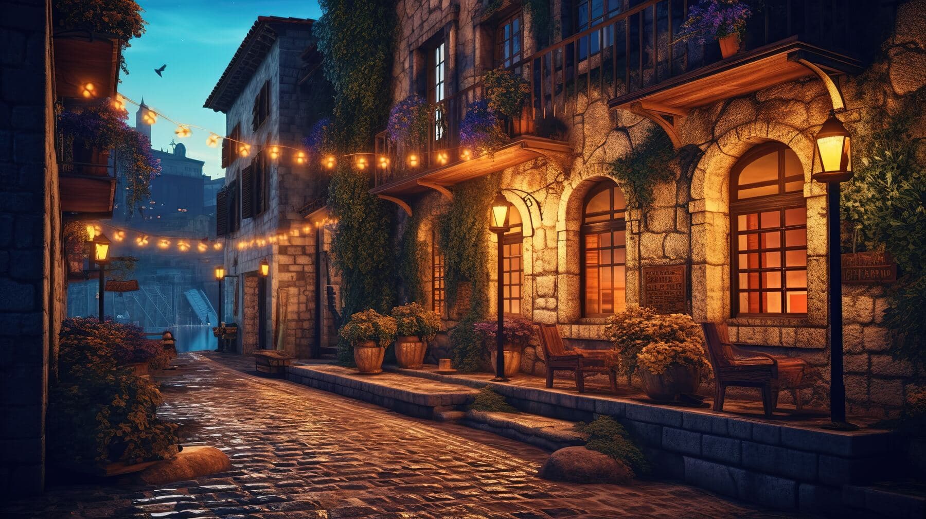 Warm lantern-lit streets of the Lounge